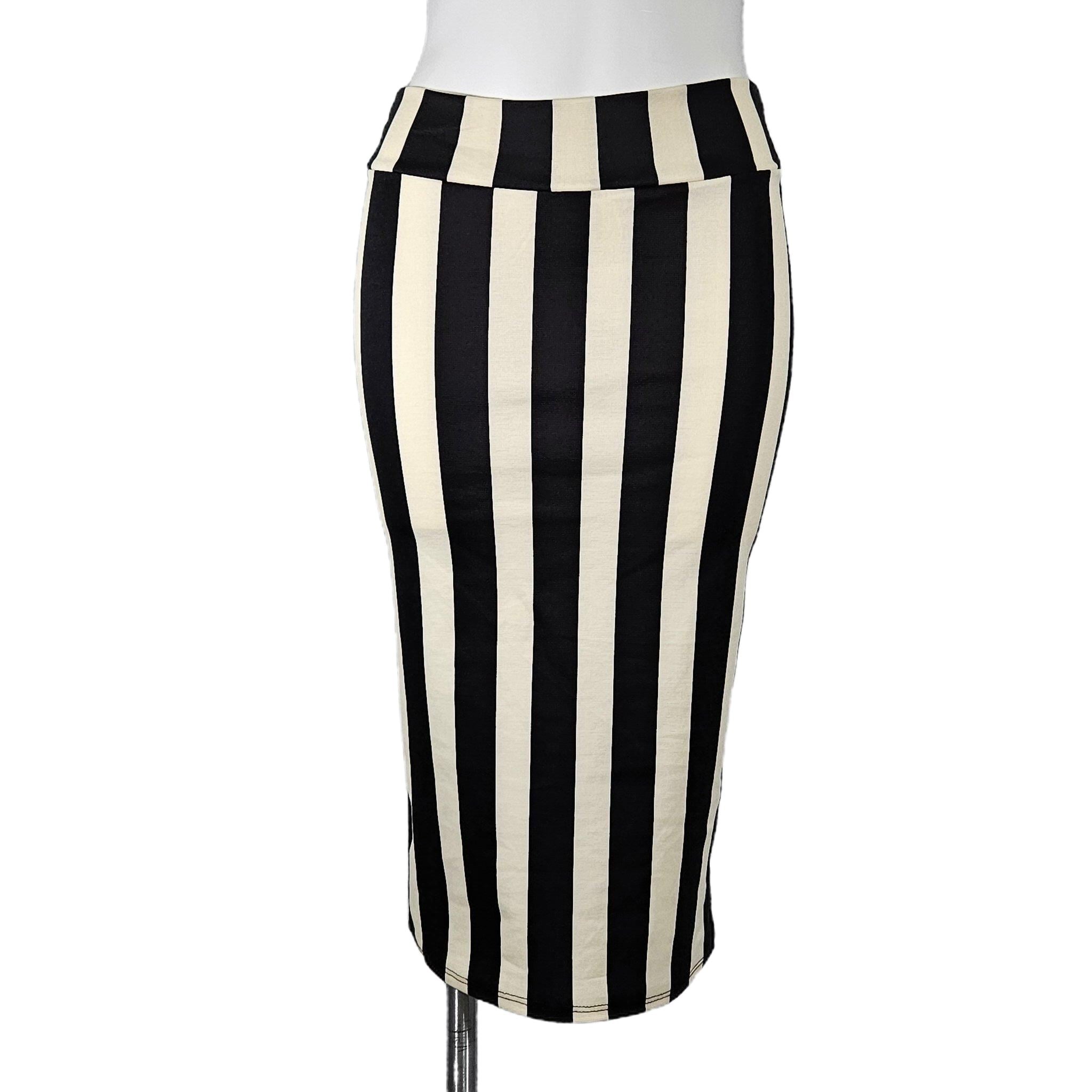 Sleek Stripes Chic High Rise Pencil Skirt in Black Cream Rainy