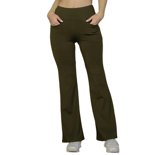 Olive green high-waisted flare pants with a clean front and pocket design, matched with white sneakers for a casual feel.