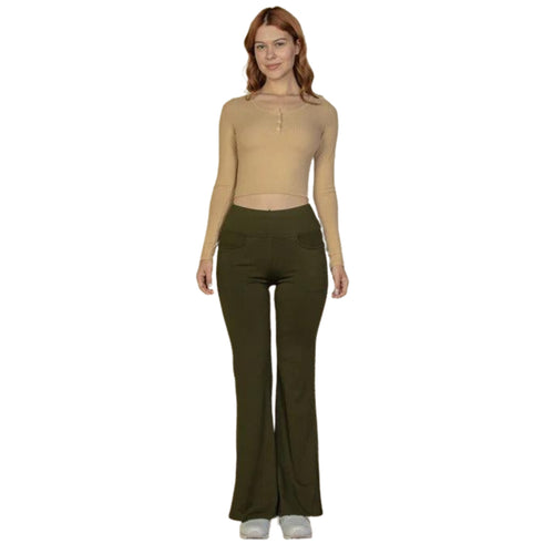 Front view of olive green high-waisted flare pants showing off the figure-hugging design and pocket placement.