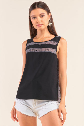 Grey and Black Brick Pattern Mesh Top with Round Neck Shop Now at Rainy Day Deliveries