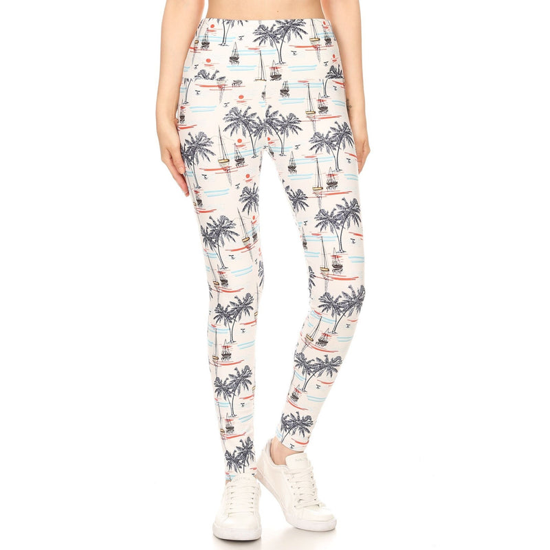 Load image into Gallery viewer, White High-waist sailor-print leggings with a nautical theme, featuring palm trees and sailboats, paired with white sneakers for a stylish maritime look.
