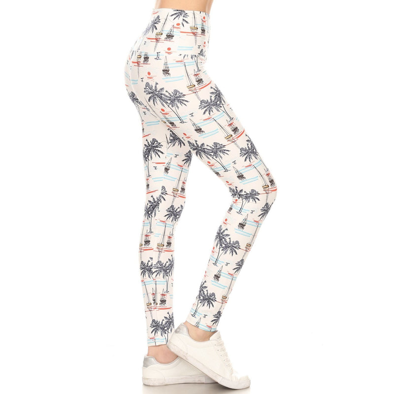 Load image into Gallery viewer, Side view of white sailor-themed leggings with a high waist, showing a print of palm trees and boats, ideal for a beach-inspired workout or casual wear.
