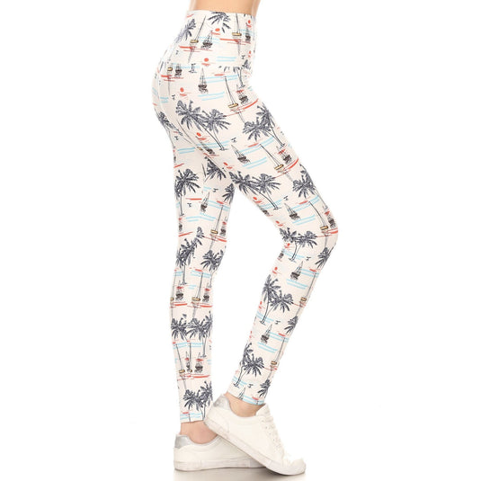 Side view of white sailor-themed leggings with a high waist, showing a print of palm trees and boats, ideal for a beach-inspired workout or casual wear.