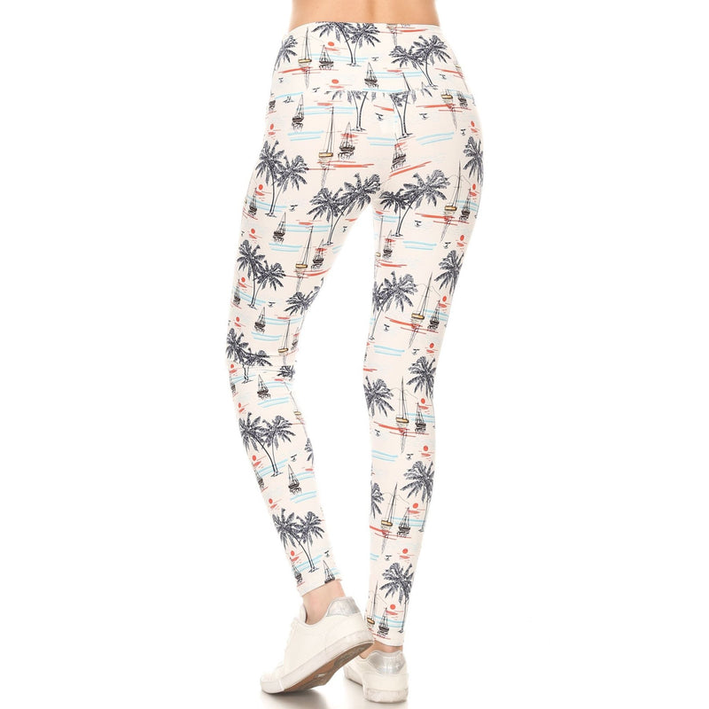Load image into Gallery viewer, Rear view of white nautical print leggings, highlighting the high-rise fit and vibrant sailor pattern, perfect for seaside activities or yoga.
