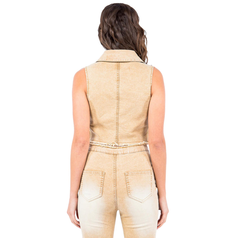 Load image into Gallery viewer, Back view of the beige denim vest, highlighting the collar and the natural cut hem at the bottom, with a visible seam running down the middle of the back.
