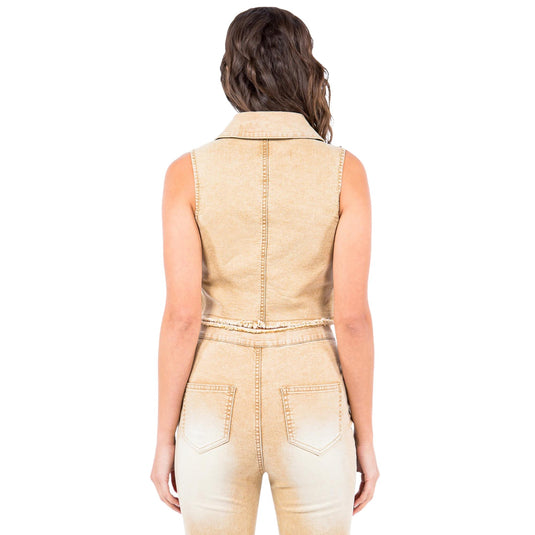 Back view of the beige denim vest, highlighting the collar and the natural cut hem at the bottom, with a visible seam running down the middle of the back.