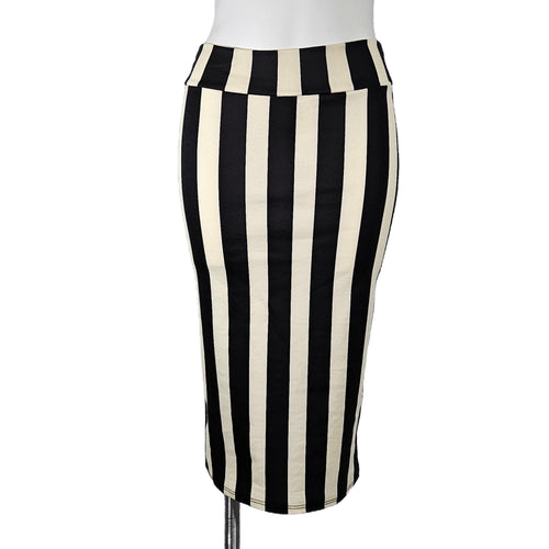 Front view of a black and cream high-waisted pencil skirt with bold vertical stripes, showcasing the snug fit and waistline.