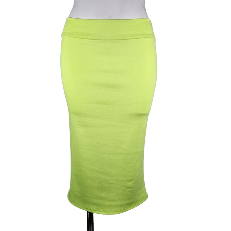 Load image into Gallery viewer, Front view of an electric lime high-waisted pencil skirt on a mannequin, displaying a vibrant color and a smooth, fitted cut.
