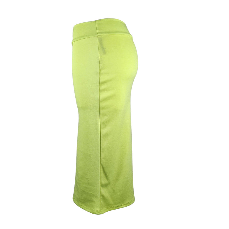 Load image into Gallery viewer, Side view of an electric lime high-waisted pencil skirt on a mannequin, emphasizing the tapered fit and knee-length hem.
