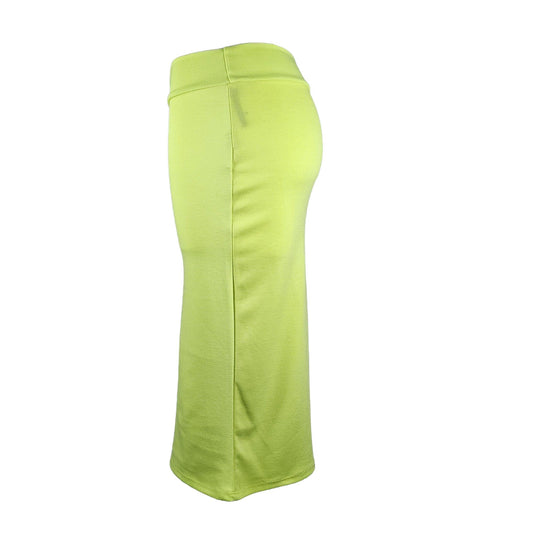 Side view of an electric lime high-waisted pencil skirt on a mannequin, emphasizing the tapered fit and knee-length hem.