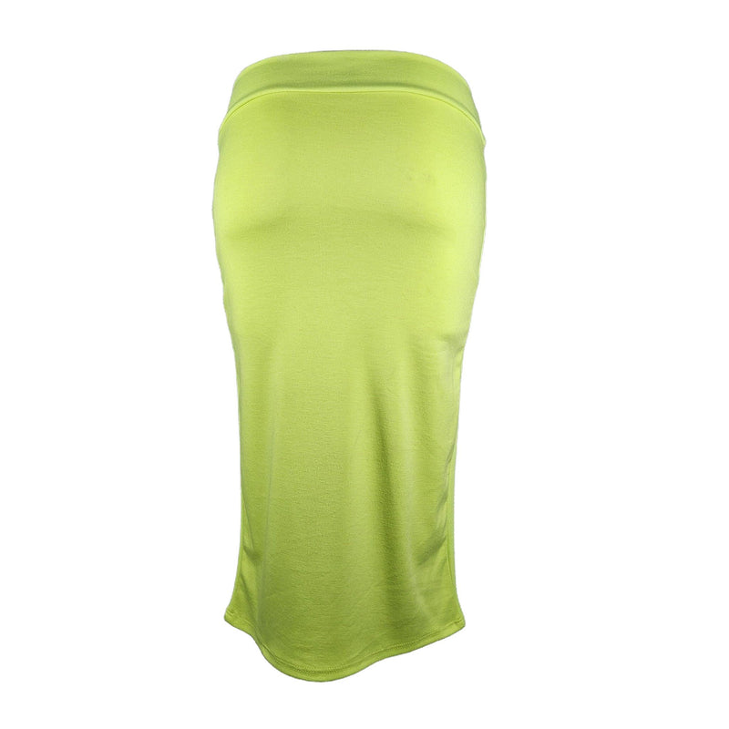Load image into Gallery viewer, Back view of an electric lime high-waisted pencil skirt on a mannequin, showing the seam detail and a concealed zipper closure.
