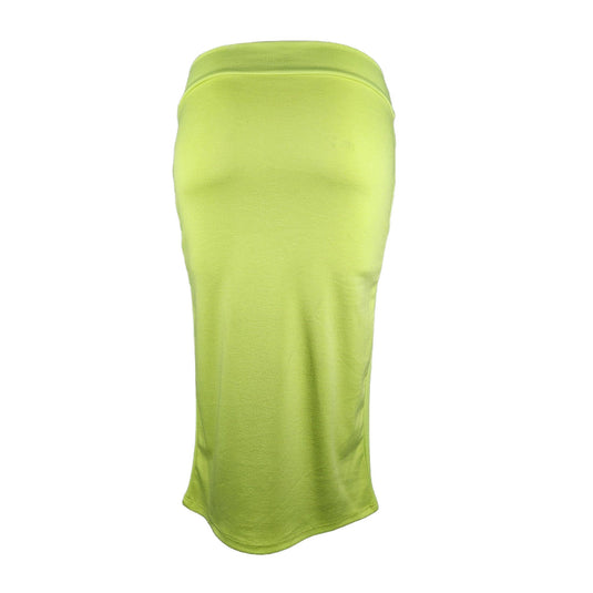 Back view of an electric lime high-waisted pencil skirt on a mannequin, showing the seam detail and a concealed zipper closure.