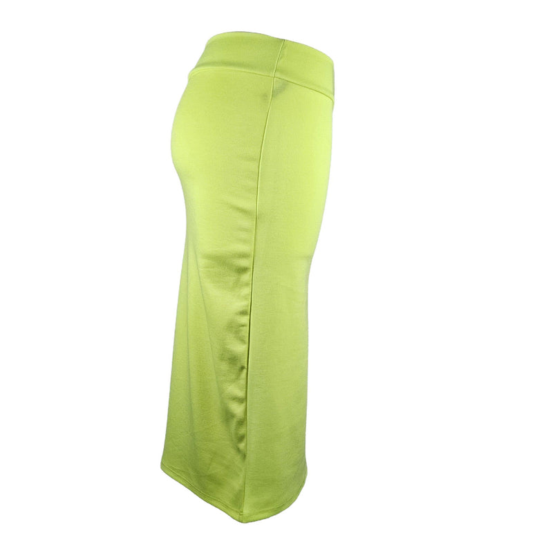 Load image into Gallery viewer, Alternate side view of an electric lime high-waisted pencil skirt on a mannequin, focusing on the curve-hugging silhouette and clean lines.
