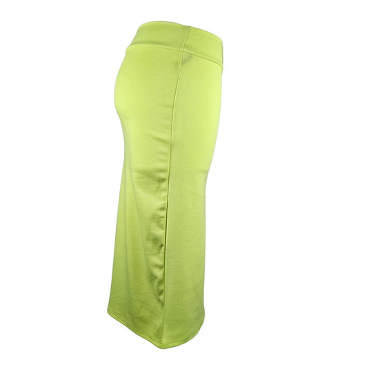 Alternate side view of an electric lime high-waisted pencil skirt on a mannequin, focusing on the curve-hugging silhouette and clean lines.