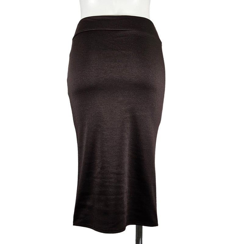Load image into Gallery viewer, Back view of a mocha high-waisted pencil skirt on a mannequin, featuring the waistband and a hidden zipper for a sleek finish.

