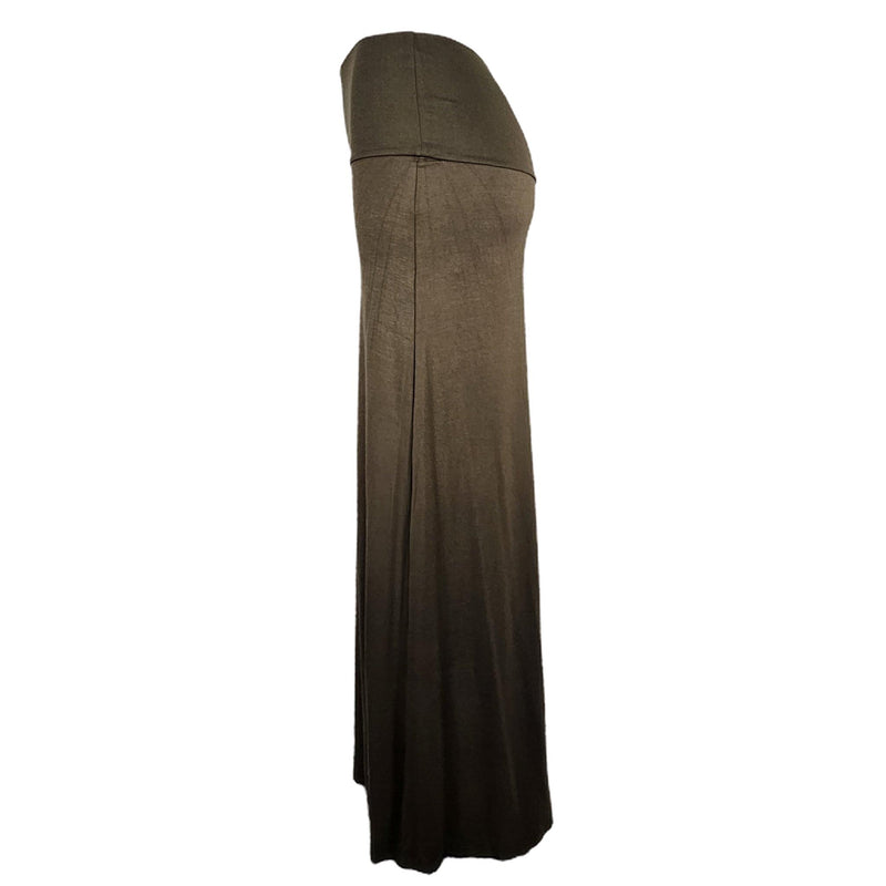 Load image into Gallery viewer, A graceful olive maxi skirt displayed in a full-length view, highlighting its sleek form and earthy tone, perfect for a chic ensemble.
