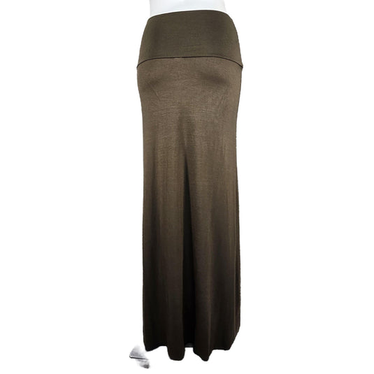 Rear perspective of a classic olive maxi skirt, featuring a comfortable waistband and a hint of stretch, blending fashion with comfort.