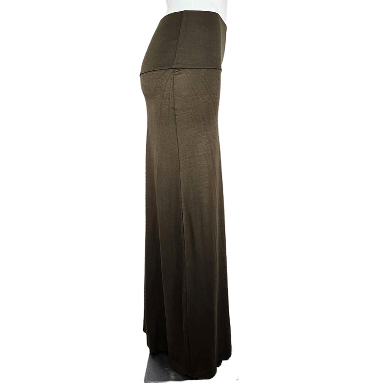 Load image into Gallery viewer, Alternate side view of a sophisticated olive maxi skirt with a flared hem, capturing the essence of a timeless wardrobe staple for any occasion.
