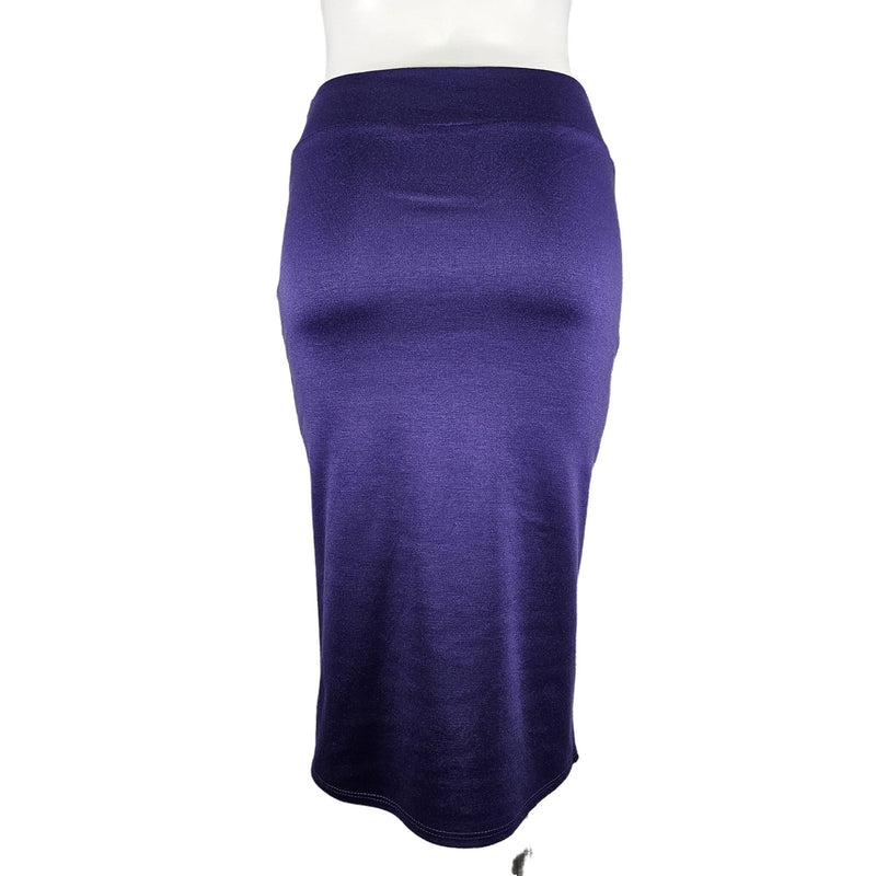 Load image into Gallery viewer, Back view of a purple high-waisted pencil skirt on a mannequin, illustrating the skirt&#39;s seamless construction and elegant length.
