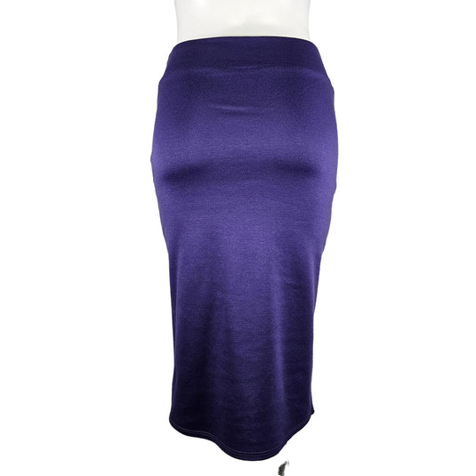 Back view of a purple high-waisted pencil skirt on a mannequin, illustrating the skirt's seamless construction and elegant length.