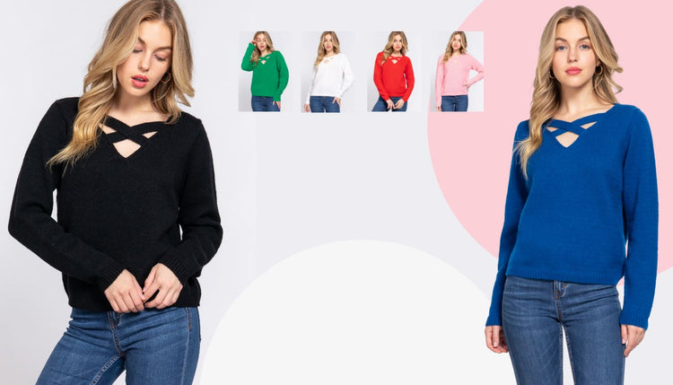 Collage of women's criss-cross neckline sweaters in various colors: main image of a black sweater, with inset images featuring green, white, red, and pink colors, and a highlighted side image of a vibrant blue sweater, all paired with classic denim jeans.