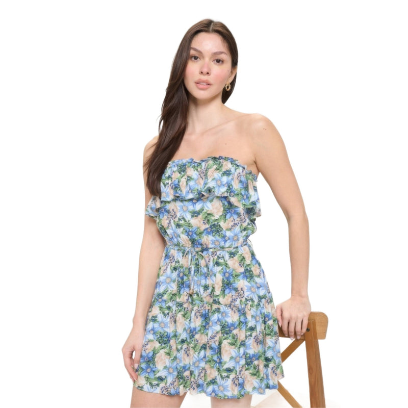 Load image into Gallery viewer, Elegant woman modeling a Berry Flower Ruffle Tube Top Mini Dress in blue and beige with a floral pattern
