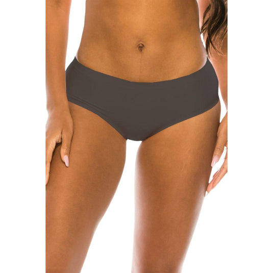 Close-up view of a woman's waist wearing black seamless boyshort panties. These panties feature a smooth, no-show design that ensures a comfortable and invisible fit under any outfit.