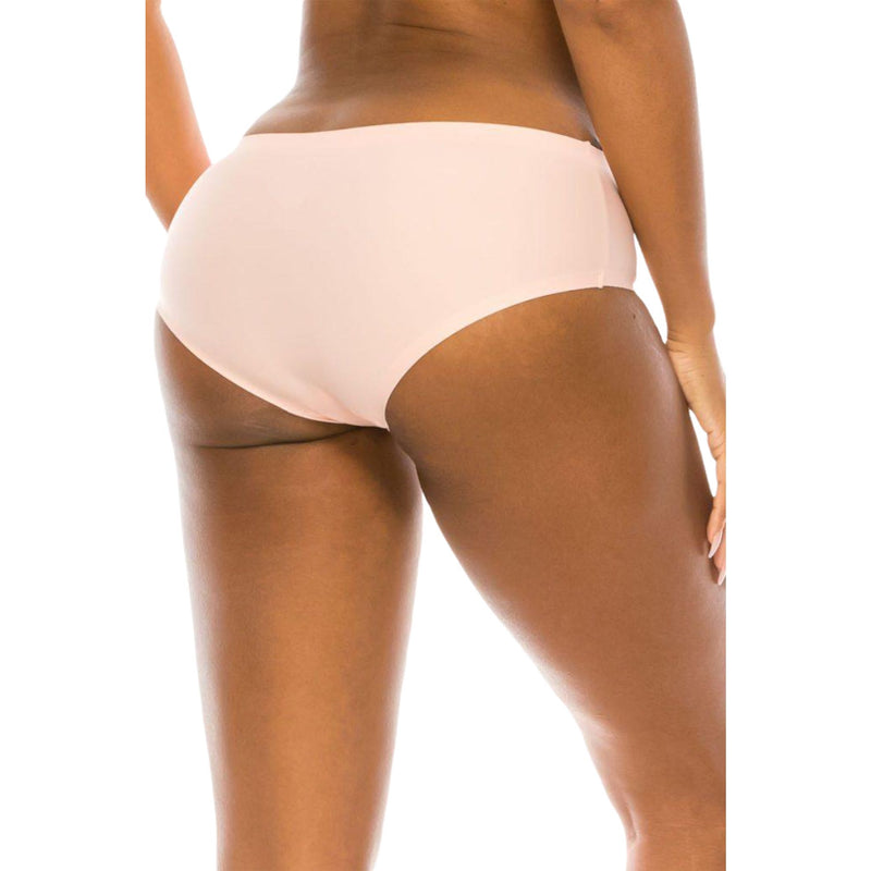 Load image into Gallery viewer, Back view of a woman wearing light pink seamless boyshort panties. These panties feature a smooth, no-show design for a comfortable and invisible fit under clothing.
