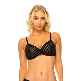 Blonde woman modeling the Best Uline Stripe Lace Demi Bra in black, featuring thin adjustable straps and underwire for support. The bra has a stylish striped lace design for a sophisticated and elegant look.