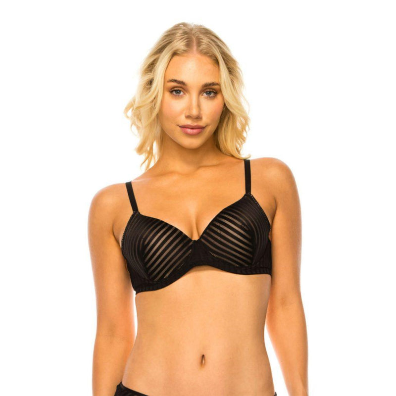 Load image into Gallery viewer, Blonde woman modeling the Best Uline Stripe Lace Demi Bra in black, featuring thin adjustable straps and underwire for support. The bra has a stylish striped lace design for a sophisticated and elegant look.
