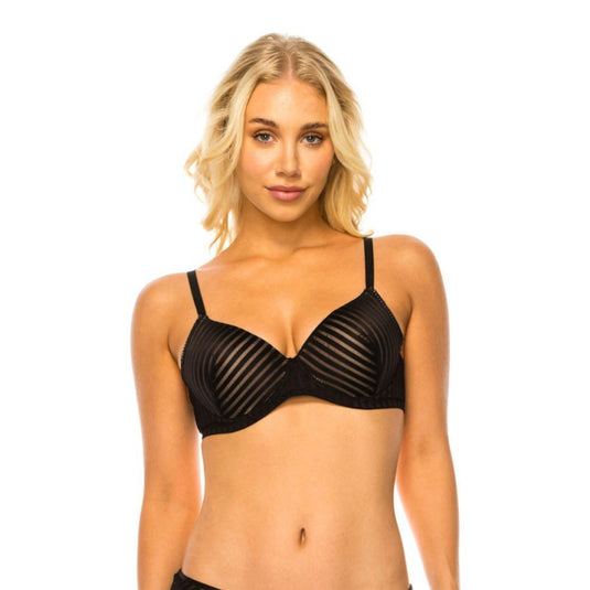 Blonde woman modeling the Best Uline Stripe Lace Demi Bra in black, featuring thin adjustable straps and underwire for support. The bra has a stylish striped lace design for a sophisticated and elegant look.