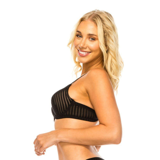 Side profile of a blonde woman wearing the Best Uline Stripe Lace Demi Bra in black. The bra's delicate striped lace and underwire provide both style and support, perfect for a refined lingerie collection.