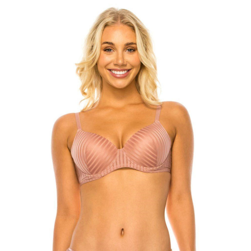 Load image into Gallery viewer, Blonde woman smiling while wearing the Best Uline Stripe Lace Demi Bra in nude, featuring a stylish striped lace design and underwire for support. The thin adjustable straps add to the bra&#39;s elegant appearance.
