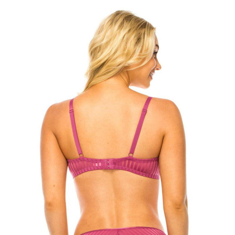 Load image into Gallery viewer, Back view of the Best Uline Stripe Lace Demi Bra in pink, showing the adjustable straps and two-hook closure. The striped lace design enhances the bra&#39;s supportive and elegant appearance.
