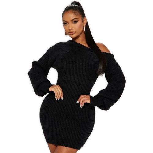 Elegant black off-shoulder knit mini dress with voluminous puff sleeves and a form-fitting silhouette, offering a blend of comfort and style.