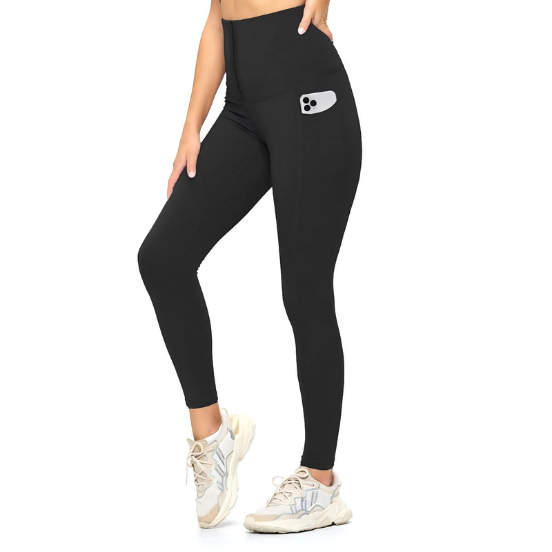 Load image into Gallery viewer, Sleek black high-waisted yoga leggings with phone pocket, perfect for active women seeking style and convenience in workout attire.
