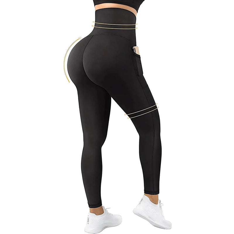 Load image into Gallery viewer, Stylish black yoga leggings with a practical side pocket, merging functionality with fashion-forward design.
