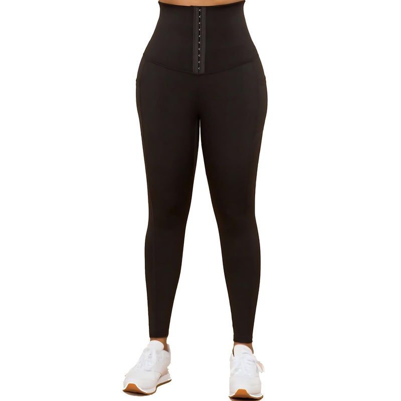 Load image into Gallery viewer, Front view of high-waisted black yoga leggings with tummy control panel, ideal for a supportive and comfortable exercise experience.

