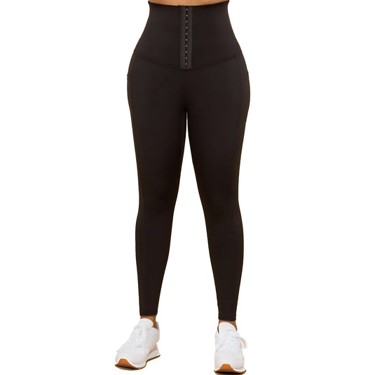 Front view of high-waisted black yoga leggings with tummy control panel, ideal for a supportive and comfortable exercise experience.