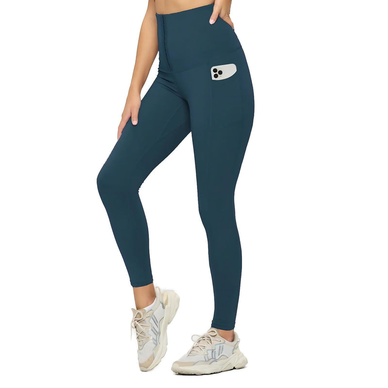 Load image into Gallery viewer, Ocean teal yoga leggings with a snug high waist and side pocket, designed for versatile movement and a touch of color to your workout wardrobe.
