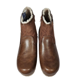 Top view of brown clog boots with sherpa lining, highlighting the smooth leather texture and plush interior.