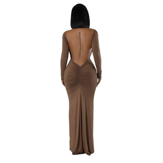 Back view of a sophisticated brown dress featuring a unique open back design, highlighting a modern twist on an elegant long sleeve style.