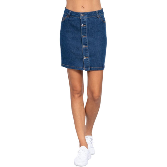 Three-quarter view of a stylish denim mini skirt with a contoured waistband and button-front, modeled with a casual stance and white footwear.