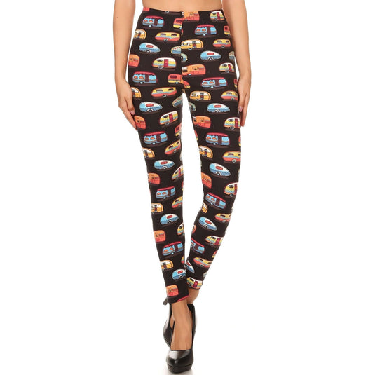 Quirky high-waisted leggings featuring a colorful camper van print against a black background, paired with classic black pumps for a playful and trendy look.