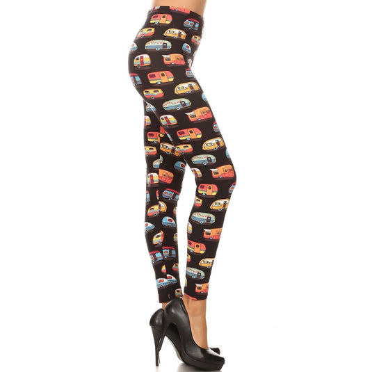 Side angle of fun camper van print leggings, showing a snug high waist and stretch fit, styled with elegant black high heels to add a touch of sophistication.