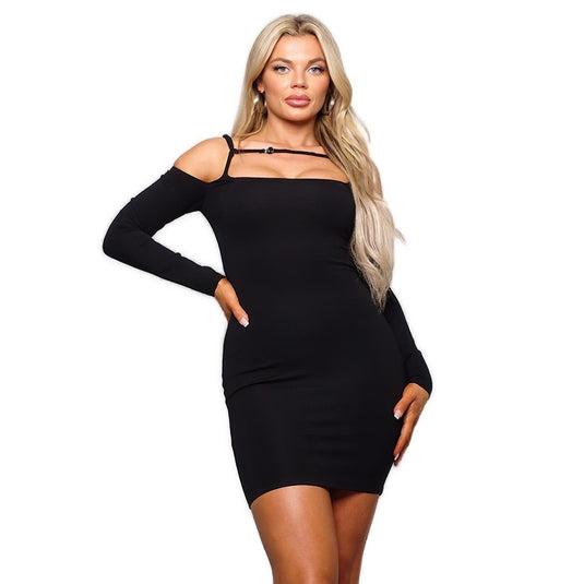 Elegant black cold shoulder long sleeve mini dress with front strap detail, showcasing a sophisticated square neckline and slim fit.