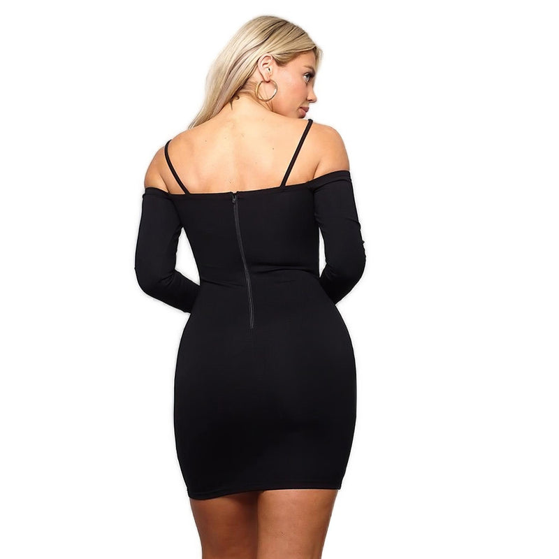 Load image into Gallery viewer, Rear view of a chic black cold shoulder mini dress with a subtle back zipper, highlighting the curve-accentuating silhouette and shoulder straps.
