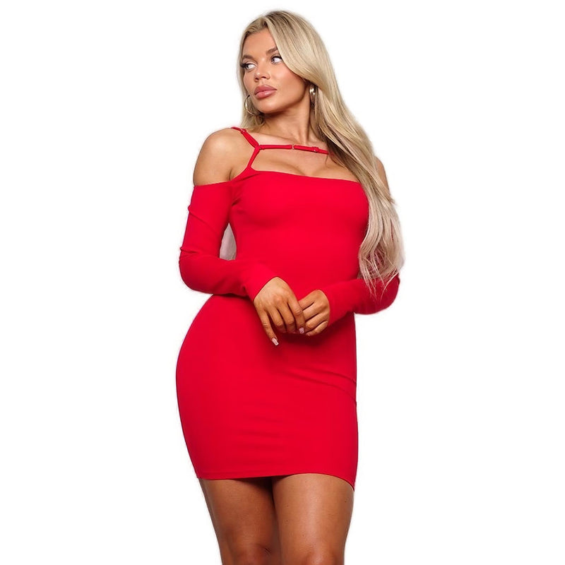 Load image into Gallery viewer, Striking red cold shoulder mini dress with long sleeves and unique front strap detail, offering a blend of bold style and elegance.
