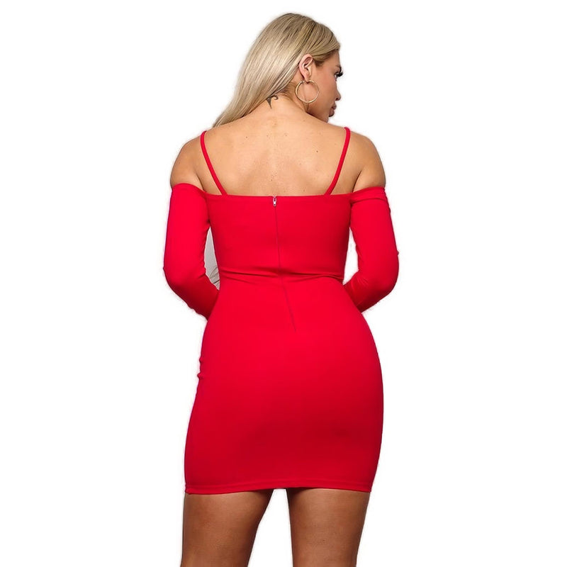 Load image into Gallery viewer, Rear perspective of a red cold shoulder mini dress with a zipper, showcasing a form-fitting design that highlights the figure.
