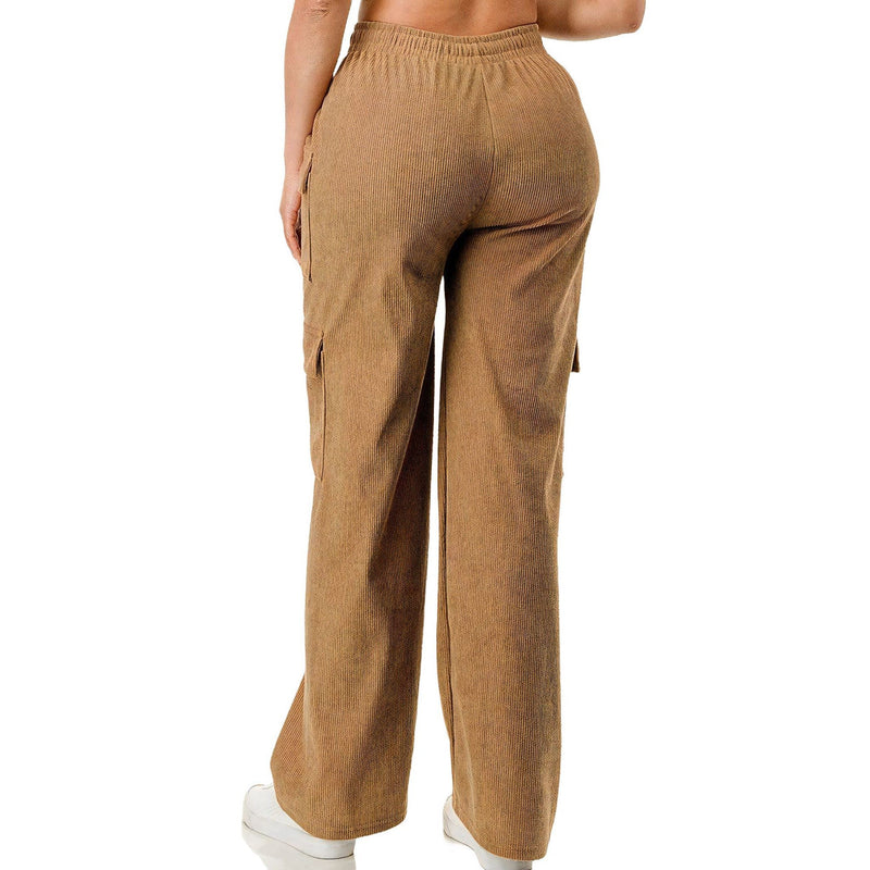 Load image into Gallery viewer, Rear view of a woman wearing khaki corduroy cargo pants, displaying the elastic waist and roomy design, perfect for versatile, everyday wear.
